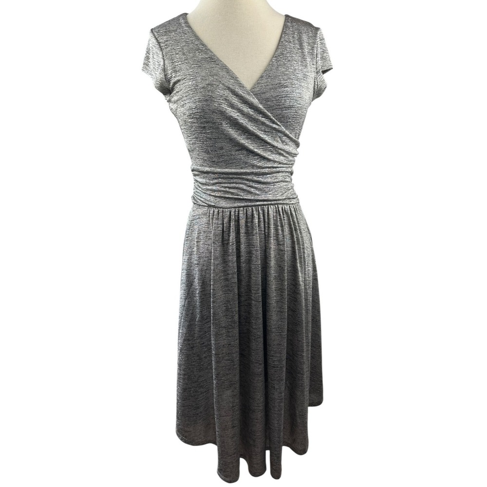 Maeve  x Anthropologie Tamera Metallic Silver Shimmer Jersey Dress Faux Wrap XS - Picture 3 of 16